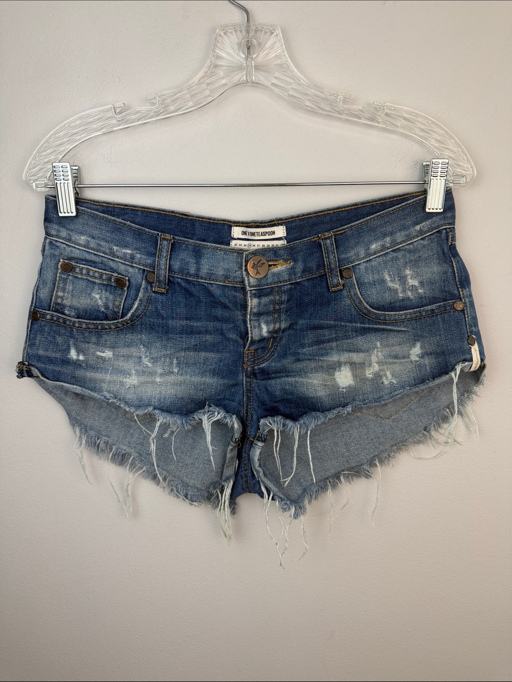 One Teaspoon NO 2’s Low Rise Jean Shorts 8” Rise Raw Curved Hem Sz 25 Distressed